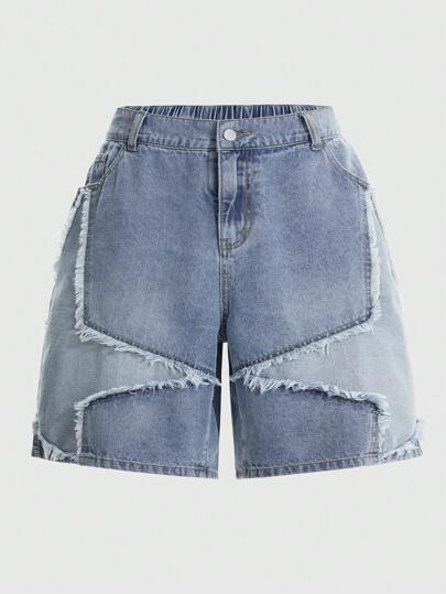 Street Life Plus Size Women Casual Washed Two-Tone Star Pattern Frayed Hem Denim Shorts