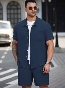 Manfinity Homme Conjunto de camisa casual de botones de talla grande para hombres, 2 piezas de camisa abotonada de verano para hombres - Azul - Ver 1