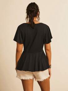 SHEIN VCAY Plus Butterfly Sleeve Peplum Tee - Black - View 2