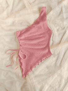 Soleia 女士夏季度假米色针织提花纹理单肩修身下摆开衩抽绳褶饰吊带背心，适合派对、约会、情人节、复活节、狂欢节、下午茶、海滩、游轮、城市街头度假 - 粉色 - 查看 2