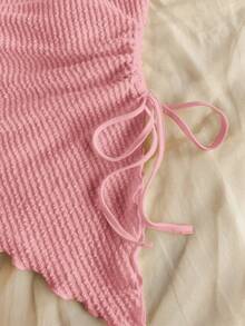 Soleia 女士夏季度假米色针织提花纹理单肩修身下摆开衩抽绳褶饰吊带背心，适合派对、约会、情人节、复活节、狂欢节、下午茶、海滩、游轮、城市街头度假 - 粉色 - 查看 4