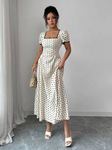 Rafferiza 春夏常规女式方领短袖拼布腰部褶饰全裙黑色和杏色波尔卡圆点印花长裙，法式休闲优雅学院度假家庭聚会毕业派对音乐节 - 黑與白 - 查看 4