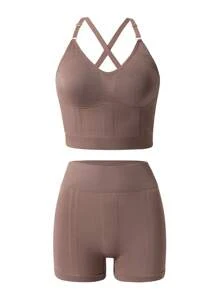 SHEIN 2 件套无缝女士内衣，可穿外衣 - 紅木色 - 查看 7