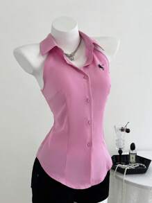 Elamini White Embroidered Fitted Sleeveless Pink Shirt, Spring/Summer - Pink - View 3