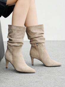 CUCCOO BIZCHIC Pointed Toe Kitten Heel Khaki Fashionable Slip-On Pleated Suede Mid-Calf Boots For Women For Christmas - Khaki - View 4