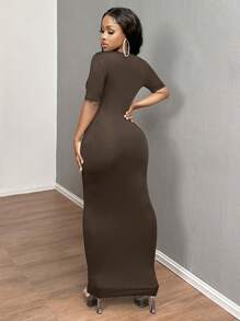 SHEIN SXY 女士纯色 V 领紧身短袖连衣裙 Hoco Dresses - 咖啡 - 查看 2