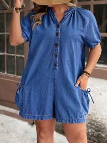 EMERY ROSE Plus Size Casual Vacation Solid Color V-Neck Raglan Sleeve Short Sleeve Half Placket Denim Dress