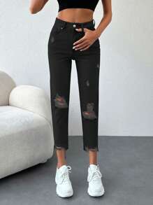EURMUSE 100%Cotton Ripped Raw Hem Mom Fit Jeans - Black - View 1