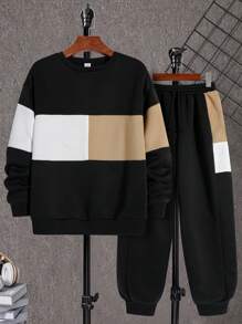 SHEIN Conjunto de sudadera y pantalones de chándal para niños preadolescentes, en estilo de combinación de colores, casual, cómodo, de moda, simple, práctico y versátil, de tela suave, adecuado para uso diario, la escuela, viajes y deportes al aire libre, para todas las estaciones - Multicolor - Ver 2