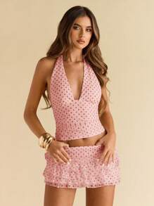 SHEIN BAE 女式圆点修身V领无袖背心 - 珊瑚粉 - 查看 7