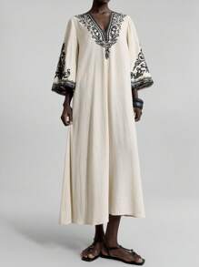 Ontre Nuevo vestido largo de verano para mujer 2026SS, unicolor, de moda, adecuado para el verano. Vestido largo suelto y cómodo de color avena con patrón bordado negro, estilo bohemio, manga acampanada, cuello en V, adecuado para fiestas, vacaciones, resort de isla, festivales de música, temporada de verano - Blanco - Ver 6