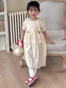 DAZY Young Girls Round Neck Short Sleeve Casual Dress, Young Girl Autumn Clothes - Apricot - View 7