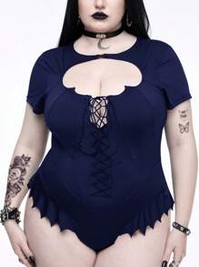 ROMWE Plus Size Gothic Summer Beach Bat Hem Collar Hollow Bodysuit For Women, Navy Blue - Navy Blue - View 2
