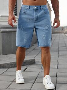 Manfinity Homme Plus Size Men's Rhinestone Star Pockets Wide Leg Loose Bermuda Denim Shorts