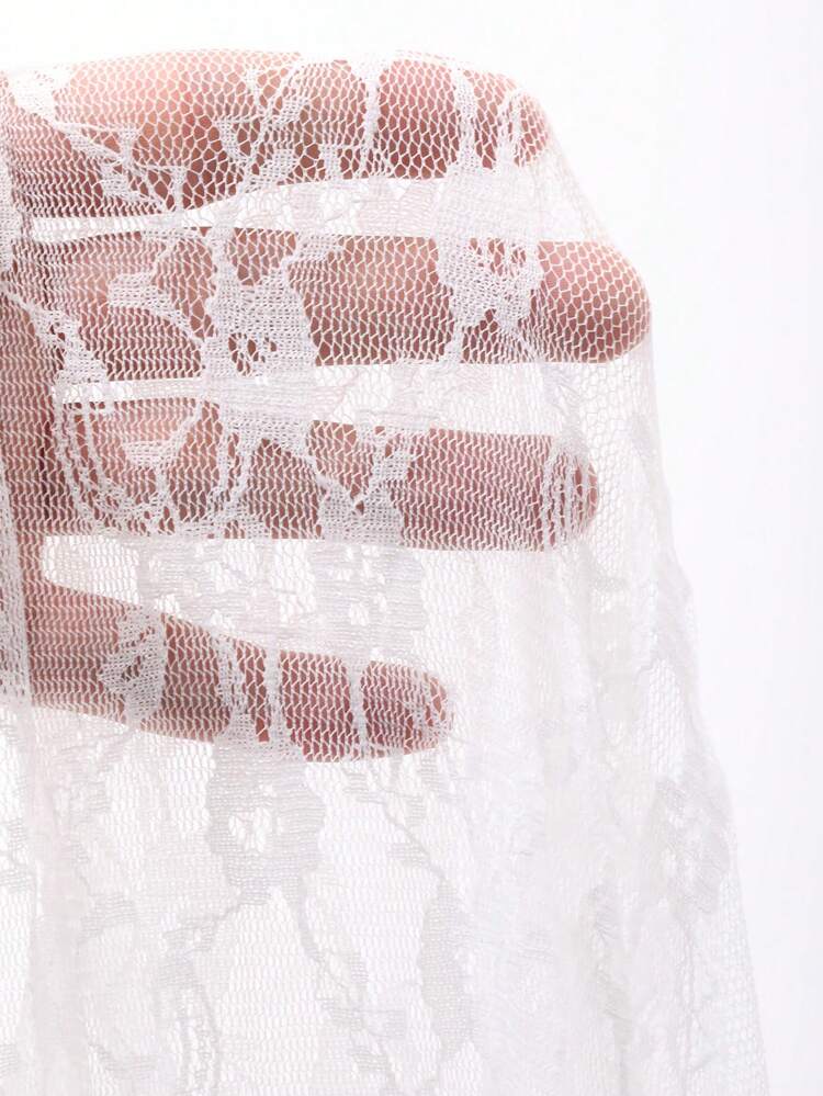Women High Neck Lace See-Through Long Split Hem Blouse, White, Spring/Summer Festival Sheer Long Sleeve Women Tops