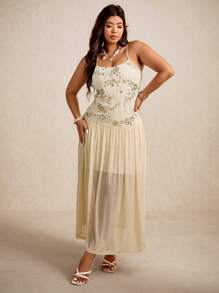 Elaquor 大码女式花卉亮片褶饰网眼下摆吊带裙 - 杏色 - 查看 4