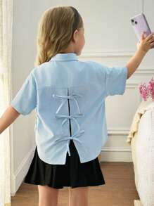 SHEIN Leap Crew Giovane Girl Blu per il ritorno a scuola, con fiocco casual a righe - Rosa - Visualizzare 3