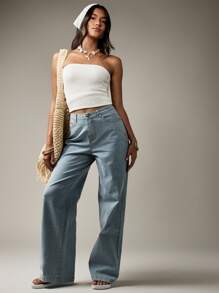 MISSGUIDED 高级时尚阔腿灯芯绒牛仔裤复古90年代风格休闲裤秋冬度假装纹理裤 - 藍白色 - 查看 4