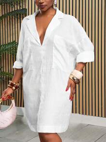Slaydiva 大码纯色落肩袖夏季宽松纹理面料休闲连衣裙 - 白色 - 查看 10