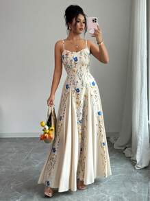 Elenzga Floral Print Patchwork Sleeveless Dress Floral Formal Dress Long Dress Summer Garden Party Formal Dress Sundress Long Fashionable Dresses