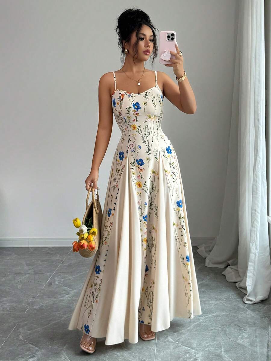 Elenzga Floral Print Patchwork Sleeveless Dress Floral Formal Dress Long Dress Summer Garden Party Formal Dress Sundress Long Fashionable Dresses