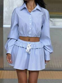 SHEIN EZwear 2pcs Women Casual & Commuting Striped Shirt And Skirt Set - Blue and White - View 4