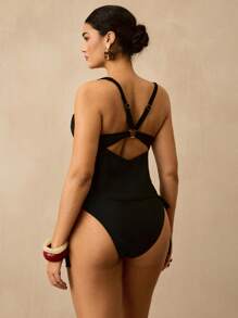 SHEIN VCAY 大码女式夏季海滩度假简约纯色O型环露背侧系带比基尼套装