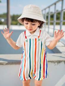 Baby Boy Casual Sports Cute Funny Colorful Romper With Suspender Shorts, Suitable For Spring & Summer, Wear At Home Or Go Out