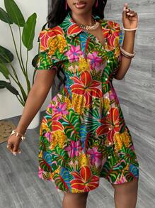 Slaydiva Váy mini giản dị tối giản cỡ lớn cho nữ, phù hợp cho mùa hè, kỳ nghỉ, họa tiết nhiệt đới, họa tiết da báo, họa tiết hoa lớn - Nhiều màu - Xem 6