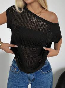 SHEIN EZwear 黑色不对称领透明休闲短袖露肩毛衣 - 黑色 - 查看 1