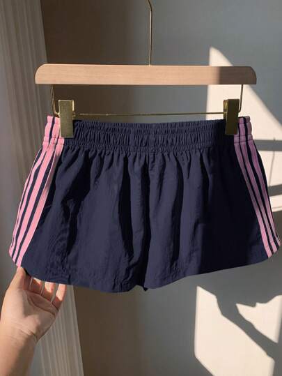 Comfortcana Women's Loose Navy Blue Side Stripe Elastic Waist Casual Shorts, Summer