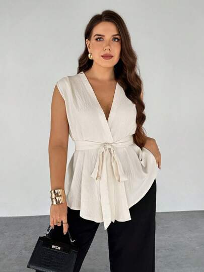 Firerie Women's Summer Casual Elegant Fashion V-Neck Sleeveless Cinched Waist Cinched Waist Loose Straight Pants With Matching Beige Top