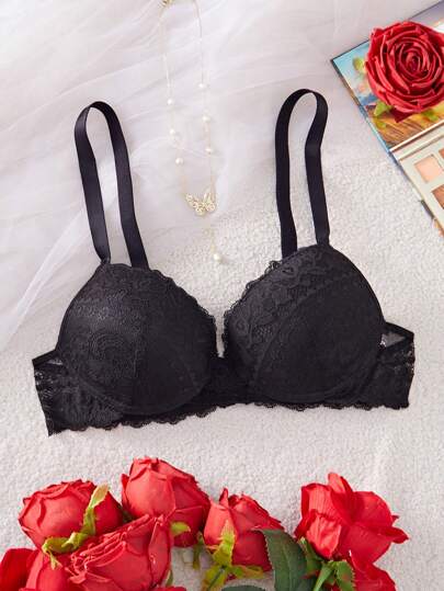 SHEIN 1pc Women Lace Thick Cup Padded Push Up Underwire Bra