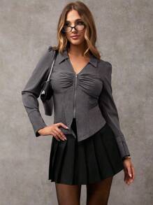 SHEIN LUNE Women's Regular Shoulder Zipper Pleated Chest Summer Long Sleeve Blouse - Grey - View 1