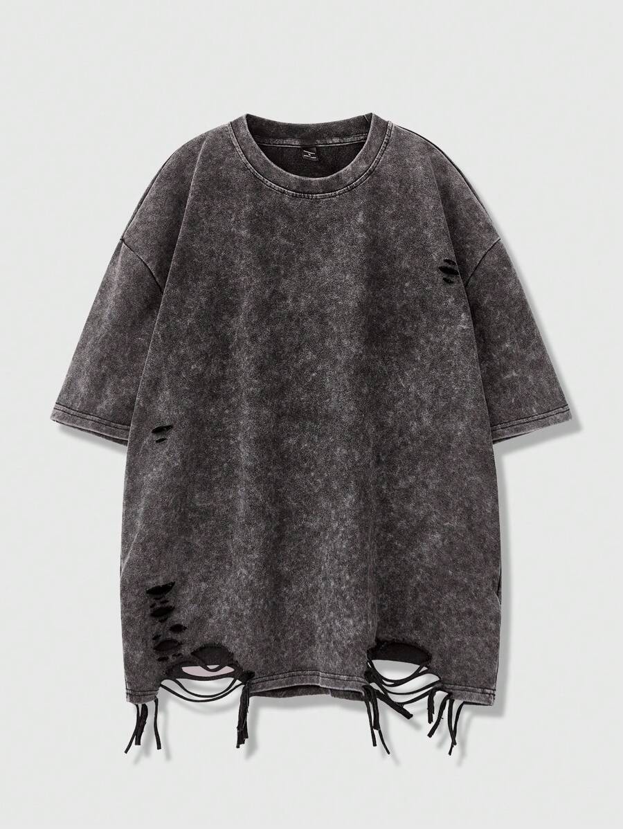 Manfinity EMRG 男士不对称剪裁破洞流苏水洗雪花 T 恤，春夏男装，男友礼物破洞超大 T 恤，垃圾服装撕破 T 恤，2000 年代风格 - 淺灰紫 - 查看 1