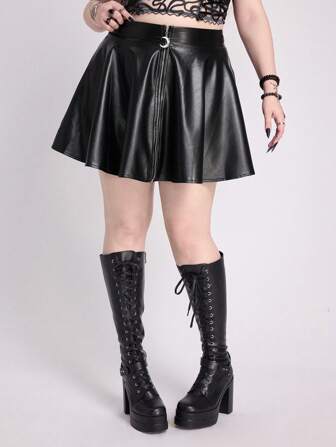 Goth Falda corta acampanada de línea A con cierre delantero de cremallera en material de piel sintética (PU) de unicolor para mujer de talla grande