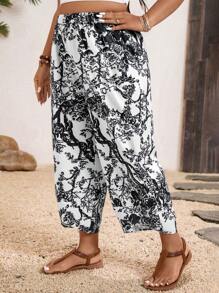 SHEIN Clasi 大码女式花卉印花口袋锥形休闲七分裤