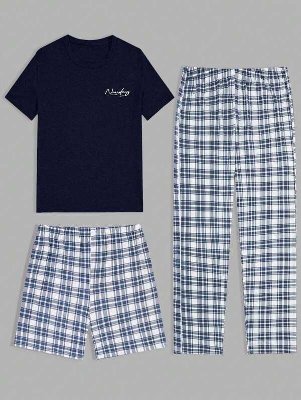 RueChic Men Cottonline Plaid Printed Indoor 3pcs Pack Regular T-Shirt & Short & Pants Loungewear Set
