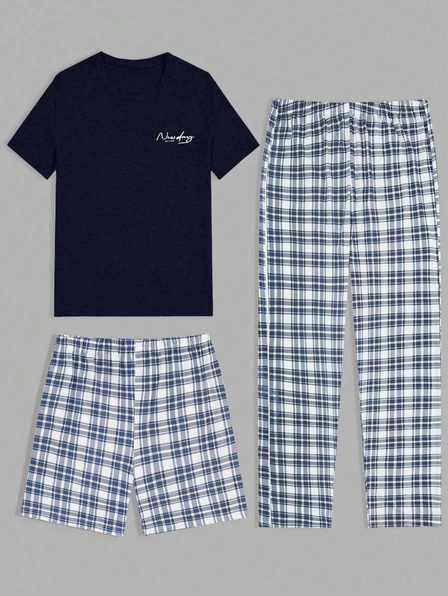 RueChic 男式棉质格子印花室内三件套常规T恤+短裤+长裤家居服套装 - 藏蓝色 - 查看 1