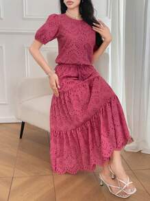 DAZY 女士两件套：镂空刺绣泡泡袖上衣和半身裙 - 粉色 - 查看 6