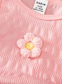 SHEIN 2 件女婴甜美花卉针织提花无袖上衣 + 刺绣阔腿裤套装，夏季 - 粉色 - 查看 3