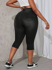 Plus Size Women Elastic Denim Capri Pants With Side Slit - Black - View 2