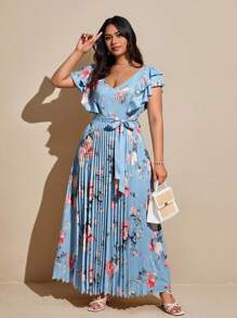 Viva Relle 大码女式优雅浪漫 V 领花卉印花夏季假日荷叶边腰 A 字连衣裙 - 藍色 - 查看 1