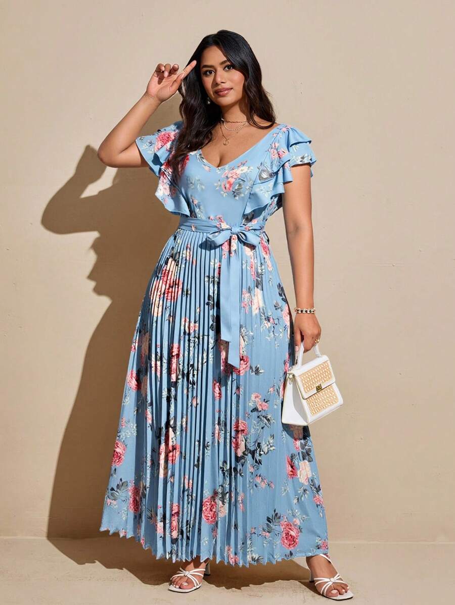 Viva Relle 大码女式优雅浪漫 V 领花卉印花夏季假日荷叶边腰 A 字连衣裙 - 藍色 - 查看 1