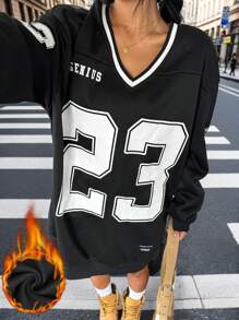 SHEIN EZwear Sweatshirt ample à manches longues, col en V, imprimé lettre, décontracté, grande taille