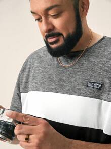 Manfinity VCAY Plus Size  Letter Embroidery Contrast Color Round Neck Short Sleeve T-Shirt