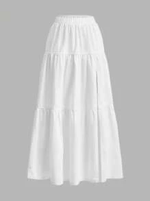 SHEIN Frenchy 女式新款优雅白色轻盈喇叭高腰开衩休闲牛仔长裙 - 白色 - 查看 1