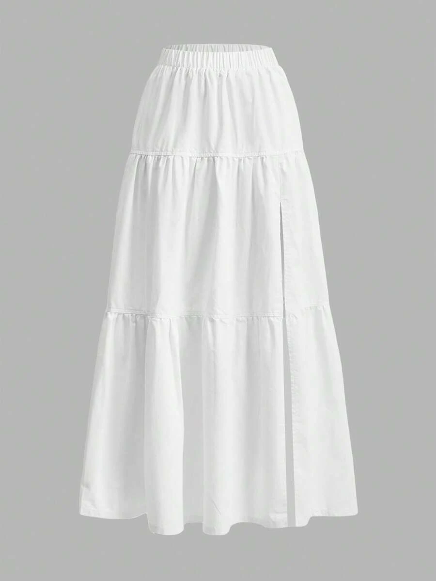 SHEIN Frenchy 女式新款优雅白色轻盈喇叭高腰开衩休闲牛仔长裙 - 白色 - 查看 1