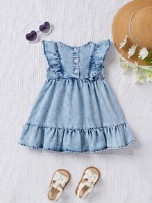 SHEIN Baby Girls' 2025 New Pink Ribbon Bow Accent Blue Denim Cap Sleeve Dress, Spring And Summer Casual Vacation Country Boho Wear - Light Wash - View 2