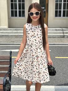 SHEIN Robe décontractée à col rond, imprimé kaki avec nœud papillon à la taille et dos, coupe évasée, pour les préadolescentes, pour tous les jours - Kaki - Voir 2